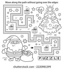 Feuille d'exercices d'écriture manuscrite. Simple jeu éducatif ou labyrinthe. Page de coloriage Plan Du dessin du Père Noël avec sac cadeau et arbre de Noël. Nouvel an. Noël. Livre de coloriage pour les enfants.