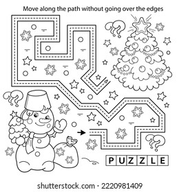 Handwriting practice sheet. Simple educational game or maze. Coloring Page Outline Of cartoon snowman with Christmas tree and gifts. New year. Christmas. Coloring book for kids.