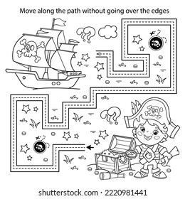 Handwriting practice sheet. Simple educational game or maze. Coloring Page Outline Of cartoon pirate with chest of treasure. Pirate ship. Coloring book for kids.