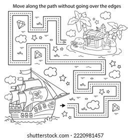 Handwriting practice sheet. Simple educational game or maze. Coloring Page Outline Of cartoon pirate ship with treasure island. Coloring book for kids.