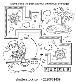 Handwriting practice sheet. Simple educational game or maze. Coloring Page Outline Of cartoon sail ship with sailor. Sea travelling. Coloring book for kids.