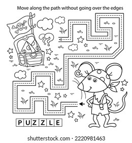 Handwriting practice sheet. Simple educational game or maze. Coloring Page Outline Of cartoon little pirate mouse with chest of treasure. Cheese trove. Coloring book for kids.