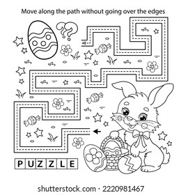 Handwriting practice sheet. Simple educational game or maze. Coloring Page Outline Of cartoon cute Easter bunny with eggs and sweets. Coloring book for kids.