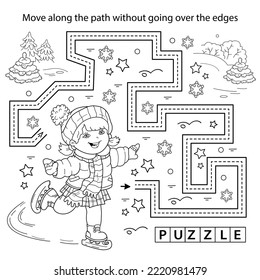 Handwriting practice sheet. Simple educational game or maze. Coloring Page Outline Of cartoon girl skating. Winter sports. Coloring book for kids.