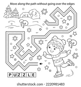 Handwriting practice sheet. Simple educational game or maze. Coloring Page Outline Of cartoon girl skating. Winter sports. Coloring book for kids.