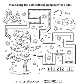 Handwriting practice sheet. Simple educational game or maze. Coloring Page Outline Of cartoon girl skating. Winter sports. Coloring book for kids.