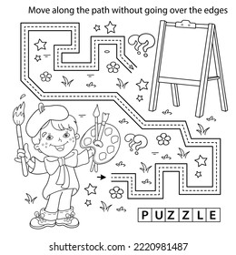 Handwriting practice sheet. Simple educational game or maze. Coloring Page Outline Of cartoon boy with brush and paints. Little artist with easel. Coloring book for kids.