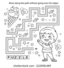 Handwriting practice sheet. Simple educational game or maze. Coloring Page Outline Of cartoon boy with ice cream. Coloring book for kids.