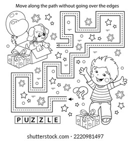 Handwriting practice sheet. Simple educational game or maze. Coloring Page Outline Of cartoon boy with dog and gifts. Birthday. Coloring book for kids.