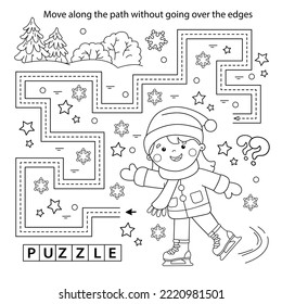 Handwriting practice sheet. Simple educational game or maze. Coloring Page Outline Of cartoon girl skating. Winter sports. Coloring book for kids.