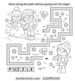 Handwriting practice sheet. Simple educational game or maze. Coloring Page Outline Of cartoon children with snowman. Winter. Coloring book for kids.