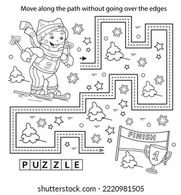 Handwriting practice sheet. Simple educational game or maze. Coloring Page Outline Of cartoon boy skiing. Winter sports. Coloring book for kids.