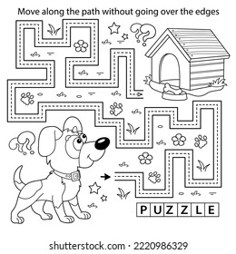 Handwriting practice sheet. Simple educational game or maze. Coloring Page Outline Of cartoon little dog with doghouse or kennel. Coloring book for kids.