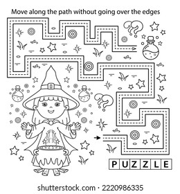 Handwriting practice sheet. Simple educational game or maze. Coloring Page Outline Of cartoon little witch with magical pot. Magic potion and witchcraft. Coloring book for kids.