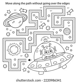 Handwriting practice sheet. Simple educational game or maze. Coloring Page Outline Of cartoon alien with a flying saucer in space. Coloring book for kids.