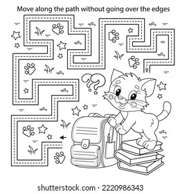 Handschriftenpraxisblatt. Einfaches Unterrichtsspiel oder Labyrinth. Farbige Seite Umriss von Cartoon kleine Katze oder Kätzchen mit Schultasche und Lehrbüchern. Farbbuch für Kinder.