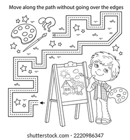 Handwriting practice sheet. Simple educational game or maze. Coloring Page Outline Of cartoon boy with brush and paints. Little artist with easel. Coloring book for kids.