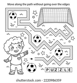 Handwriting practice sheet. Simple educational game or maze. Coloring Page Outline Of cartoon boy with soccer ball. Football. Sport activity. Coloring book for kids.