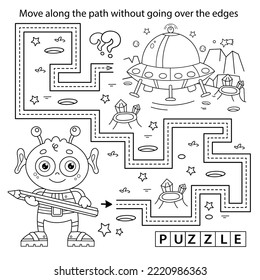 Handwriting practice sheet. Simple educational game or maze. Coloring Page Outline Of cartoon alien with a flying saucer on a planet in space. Coloring book for kids.