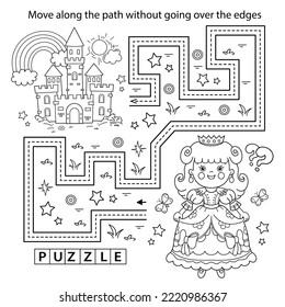 Handwriting practice sheet. Simple educational game or maze. Coloring Page Outline Of cartoon lovely princess. Beautiful young queen. Royal castle or palace. Fairy tale. Coloring book for kids.