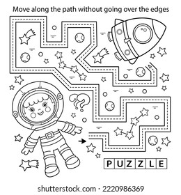 Handwriting practice sheet. Simple educational game or maze. Coloring Page Outline Of cartoon astronaut with rocket in space. Spaceman or cosmonaut. Coloring book for kids.