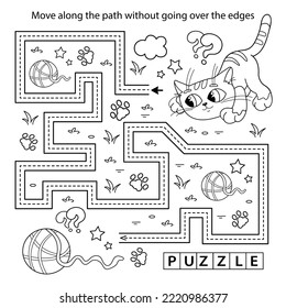 Handwriting practice sheet. Simple educational game or maze. Coloring Page Outline Of cartoon cat or kitten with ball of yarn. Coloring book for kids.