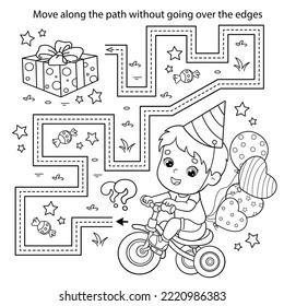 Handwriting practice sheet. Simple educational game or maze. Coloring Page Outline Of cartoon little boy on a bike with gifts and balloons. Birthday. Coloring book for kids.