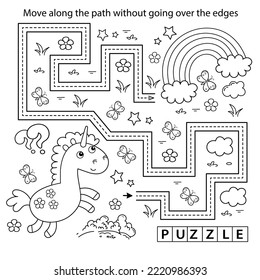 Handwriting practice sheet. Simple educational game or maze. Coloring Page Outline Of cartoon lovely magic unicorn. Fairy tale hero. Coloring book for kids.