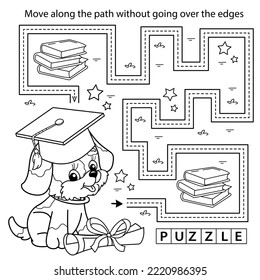 Handwriting practice sheet. Simple educational game or maze. Coloring Page Outline Of cartoon little dog or puppy with books. Coloring book for kids.