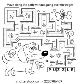 Handwriting practice sheet. Simple educational game or maze. Coloring Page Outline Of cartoon fun dog with bone. Coloring book for kids.