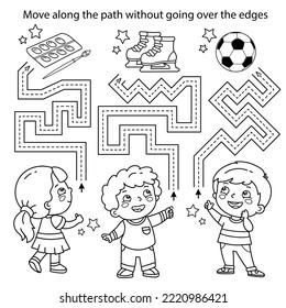 Handwriting practice sheet. Simple educational game or maze. Coloring Page Outline Of cartoon children with paints, soccer ball and skates. Who has what hobby? Coloring book for kids. 