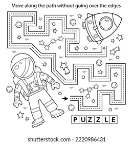 Handwriting practice sheet. Simple educational game or maze. Coloring Page Outline Of cartoon astronaut with rocket in space. Spaceman or cosmonaut. Coloring book for kids.