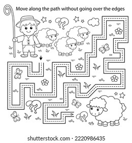 Handwriting practice sheet. Simple educational game or maze. Coloring Page Outline Of cartoon shepherd with flock of sheep. Farm animals. Coloring book for kids.