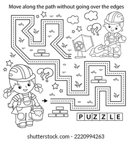 Handwriting practice sheet. Simple educational game or maze. Coloring Page Outline Of cartoon builders with cement mortar and trowel. Construction. Profession.  Coloring book for kids.