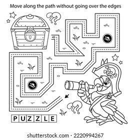 Handwriting practice sheet. Simple educational game or maze. Coloring Page Outline Of cartoon parrot pirate with telescope. Coloring book for kids.