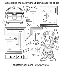 Handwriting practice sheet. Simple educational game or maze. Coloring Page Outline Of cartoon little pirate with treasure chest. Coloring book for kids.