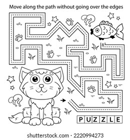 Handwriting practice sheet. Simple educational game or maze. Coloring Page Outline Of cartoon cat with fish. Coloring book for kids.