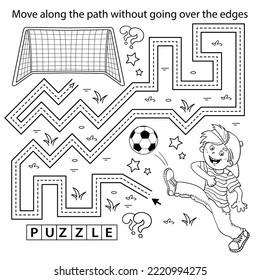 Handwriting practice sheet. Simple educational game or maze. Coloring Page Outline Of cartoon boy with soccer ball. Football. Sport activity. Coloring book for kids.