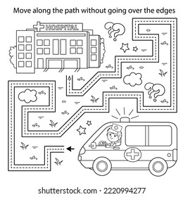 Handwriting practice sheet. Simple educational game or maze. Coloring Page Outline Of cartoon doctor with ambulance car near the hospital. Coloring book for kids.