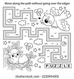 Handwriting practice sheet. Simple educational game or maze. Coloring Page Outline Of cartoon bird with little chick and egg in nest. Coloring book for kids.