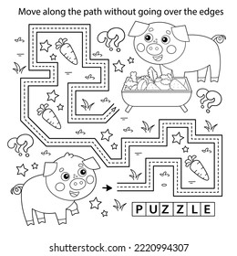 Handwriting practice sheet. Simple educational game or maze. Coloring Page Outline Of cartoon pig or swine with little piglet. Farm animals with their cubs. Coloring book for kids.