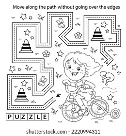 Handwriting practice sheet. Simple educational game or maze. Coloring Page Outline Of cartoon little girl on bicycle or bike. Sport activity. Coloring book for kids.