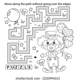 Handwriting practice sheet. Simple educational game or maze. Coloring Page Outline Of cartoon circus clown with  balloons. Coloring book for kids.