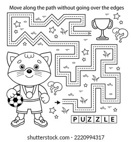 Handwriting practice sheet. Simple educational game or maze. Coloring Page Outline Of cartoon cat with soccer ball. Football. Sport activity. Coloring book for kids.