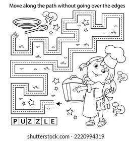 Handwriting practice sheet. Simple educational game or maze. Coloring Page Outline Of cartoon girl chef with large pot. Little cook or scullion. Profession. Coloring book for kids.