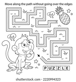 Handwriting practice sheet. Simple educational game or maze. Coloring Page Outline Of cartoon little monkey with pineapple. Coloring book for kids.