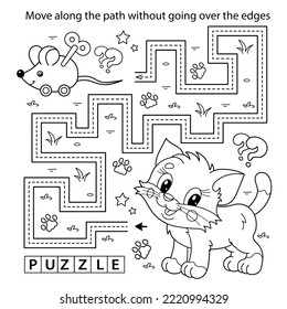 Handwriting practice sheet. Simple educational game or maze. Coloring Page Outline Of cartoon little cat with toy clockwork mouse. Coloring book for kids.