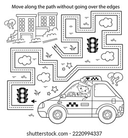 Hoja de prácticas de escritura a mano. Simple juego educativo o laberinto. Esbozo de página de color del taxista de dibujos animados con coche. Profesión - conductor. Taxi. Libro de colorear para niños.