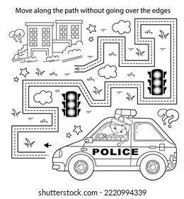 Handwriting practice sheet. Simple educational game or maze. Coloring Page Outline Of cartoon policeman with car. Profession - police. Coloring book for kids.
