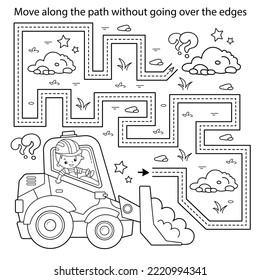 Handwriting practice sheet. Simple educational game or maze. Coloring Page Outline Of cartoon bulldozer. Construction vehicles. Profession. Coloring book for kids.